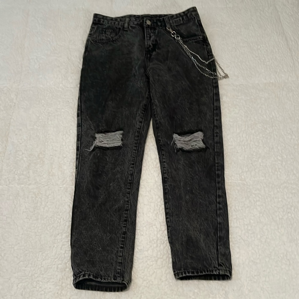 Black acid wash jeans with side chain